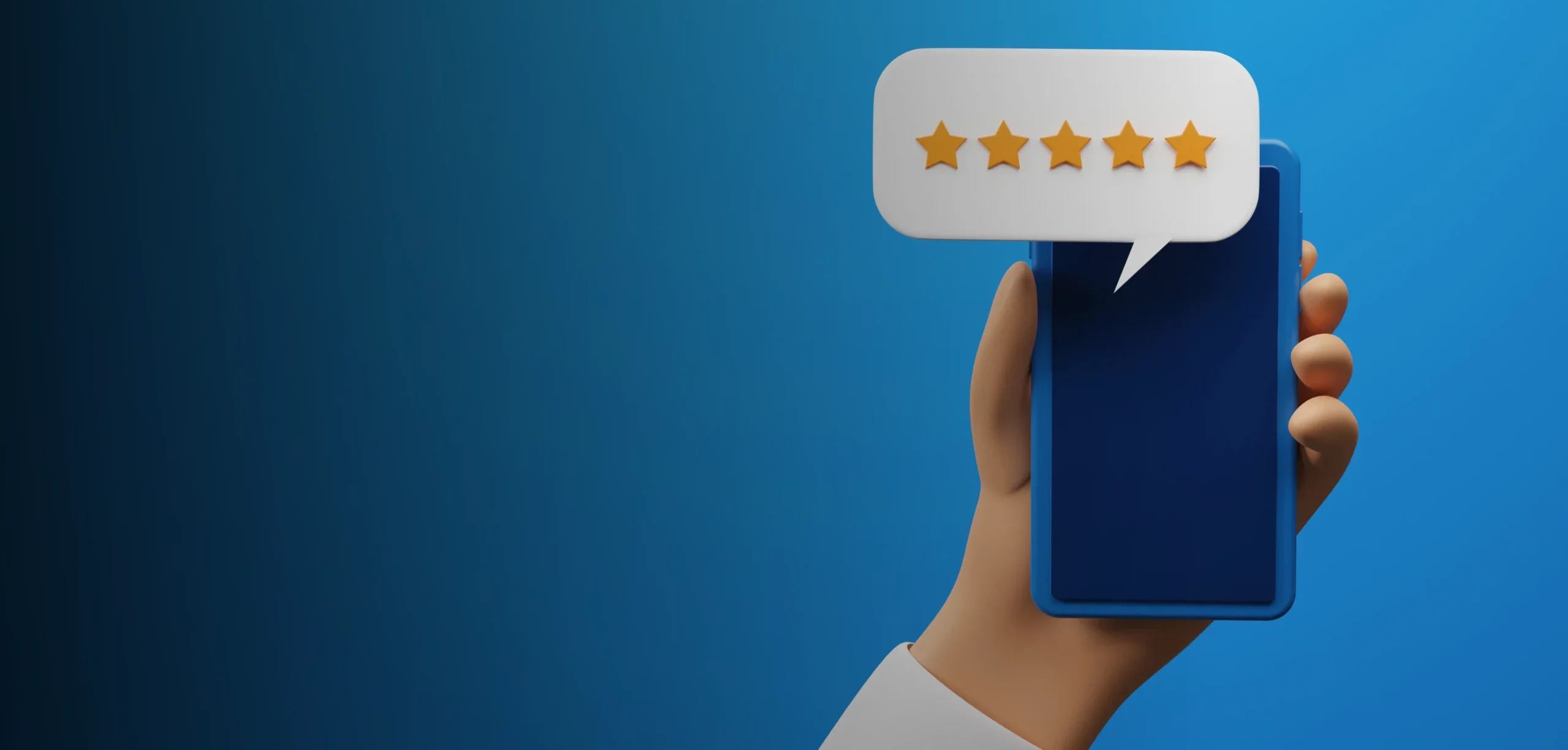 Hand holding a smartphone with a five-star rating bubble